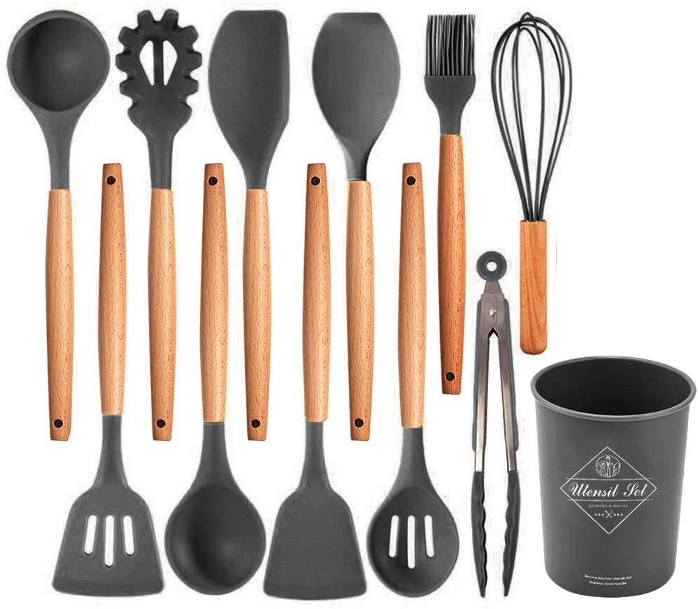 Set of 12 black silicone cooking utensils with durable bamboo handles