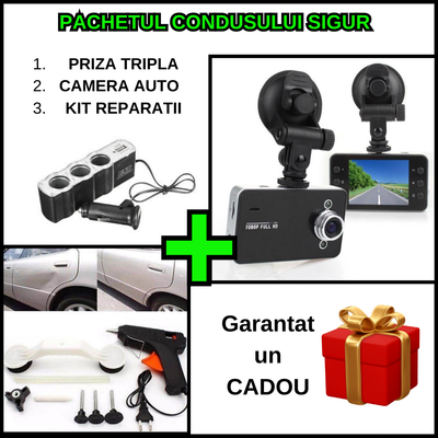 Pachetul condusului sigur - Camera auto DVR HD 1080p cu display de 2.4 inch + Kit pentru repararea caroseriei auto (Pops-a-Dent) + Priza tripla cu USB pentru auto