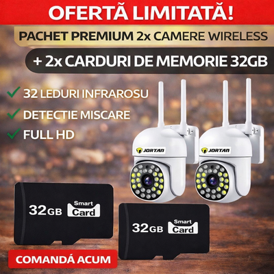 Set of 2 Jortan Video Surveillance Cameras, 32 LEDs, Rotatable, Infrared, Waterproof + 2 x 32GB cards