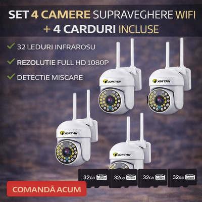 Set of 4 x Jortan Video Surveillance Cameras, 32 LEDs, Rotatable, Infrared, Waterproof + 4 x 32GB Cards