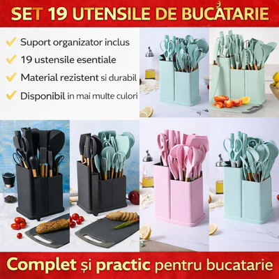19-Piece Silicone Kitchen Utensil Set with Wooden Handle and Holder