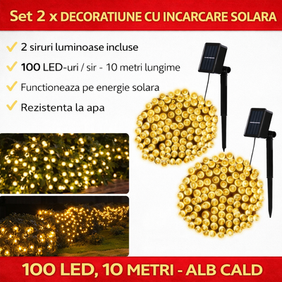 Set of 2 x 100 LED Solar String Lights, 10 Meters - Warm White