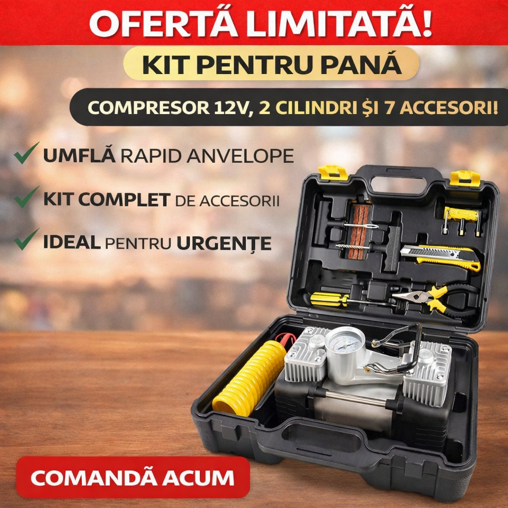 Kit pentru pana, compresor 12V, 2 cilindri si 7 accesorii