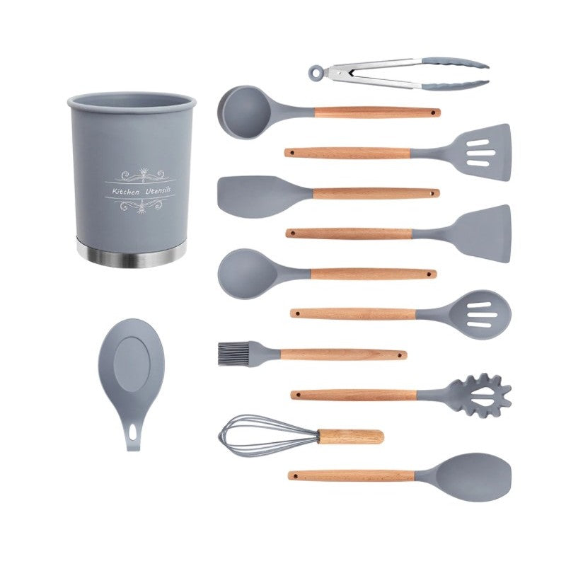 Set of 13 Silicone Cooking Utensils, Durable Bamboo Handle