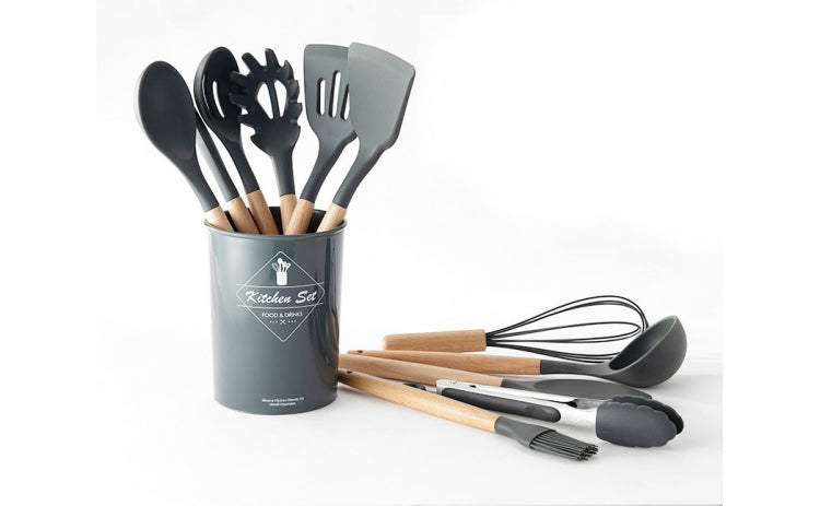 Set of 13 Silicone Cooking Utensils, Durable Bamboo Handle