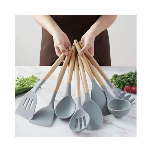 Set of 13 Silicone Cooking Utensils, Durable Bamboo Handle