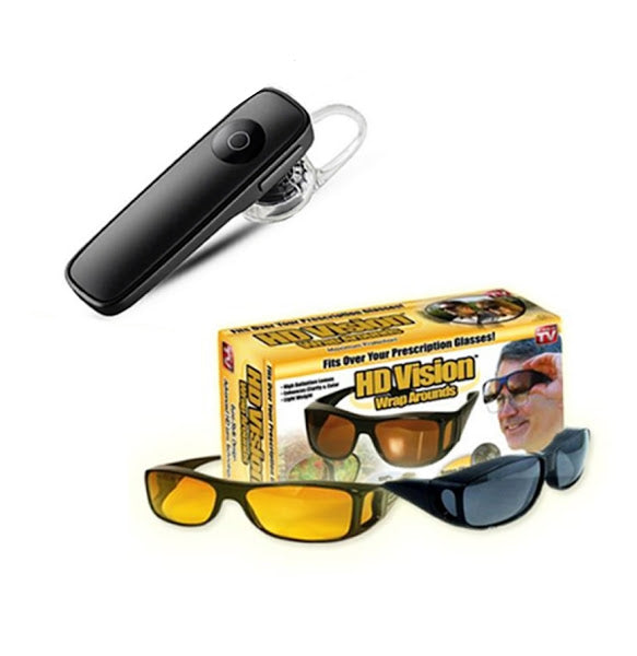 Bluetooth Headset + Set of 2 Driving Glasses