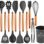 Set 12 ustensile de gatit din silicon, maner rezistent din bambus negre