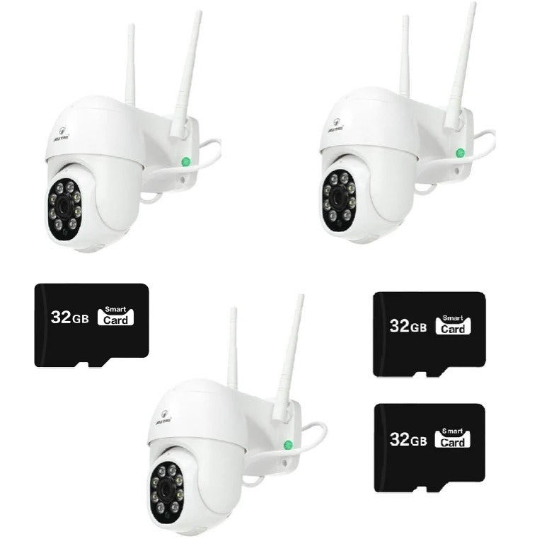 Set of 3 x Jortan Video Surveillance Cameras, 32 LEDs, Rotatable, Infrared, Waterproof + 3 x 32GB Cards
