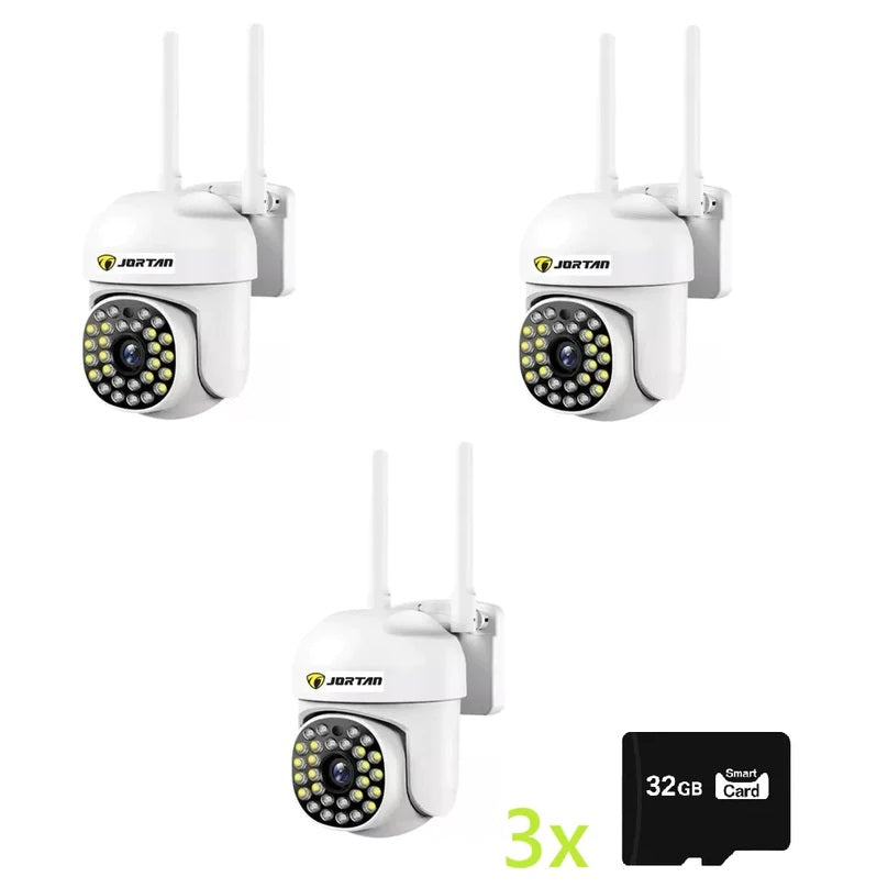 Set of 3 x Jortan Video Surveillance Cameras, 32 LEDs, Rotatable, Infrared, Waterproof + 3 x 32GB Cards