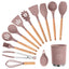 Set 12 ustensile de gatit din silicon, maner rezistent din bambus