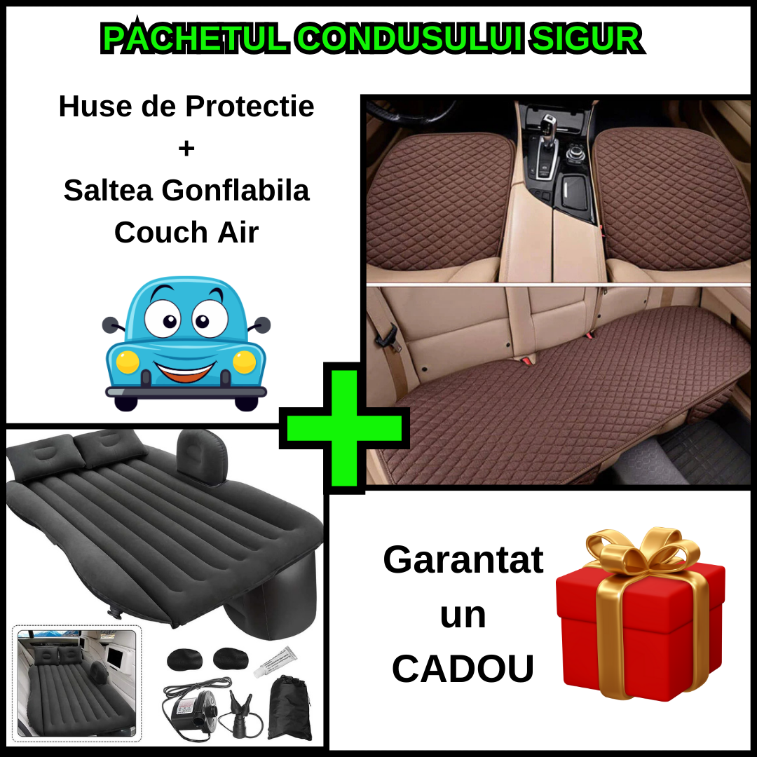 Car Comfort Package - Car Seat Protective Covers Set + Inflatable Car Air Couch Mattress + Automatic Pump