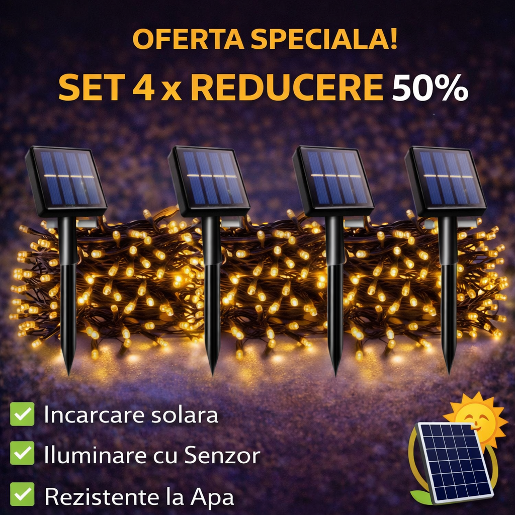 Set of 4 x Solar Powered Decorations with 100 LEDs, 10 Meters - Warm White