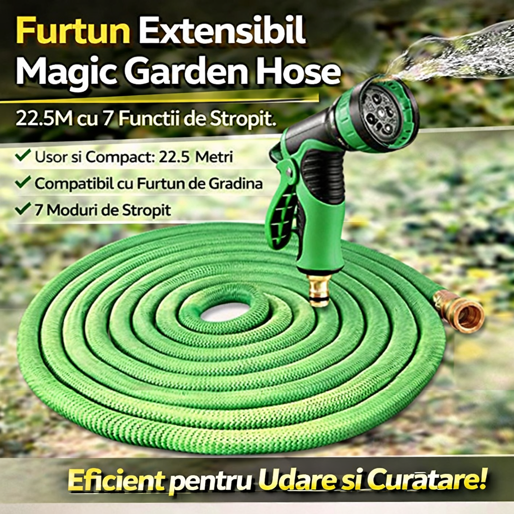 Furtun extensibil de gradina de 22.5 metri + Accesoriu pentru stropit