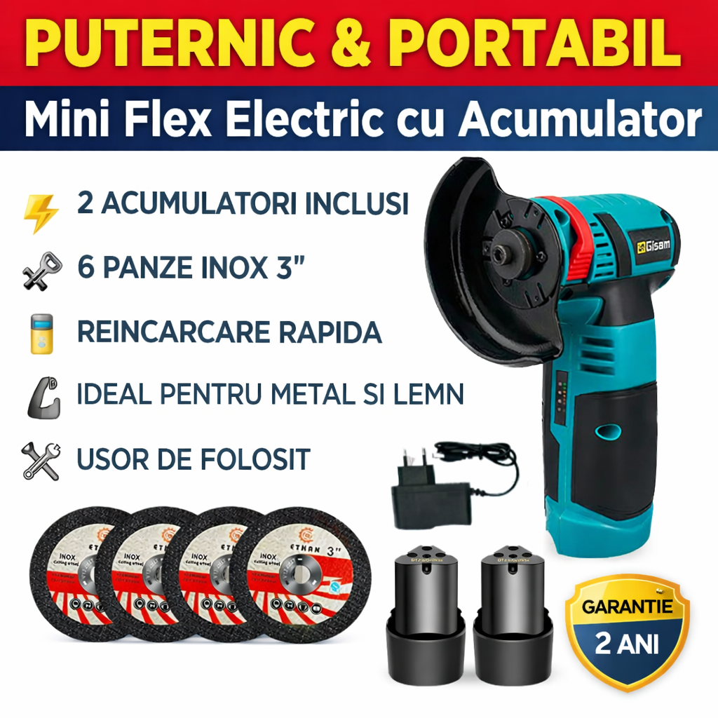 Mini Polizor Portabil GrinderPro 500W cu 2 Acumulatori 48V si 6 Discuri Incluse