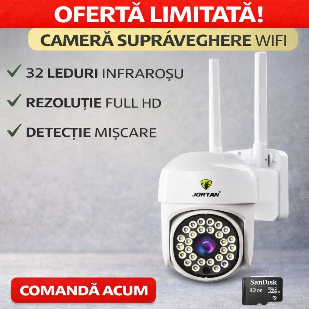 Camera de Supraveghere Video Jortan, 32 Leduri, Rotative, Infrarosu, Rezistanta la apa + Card 32 GB