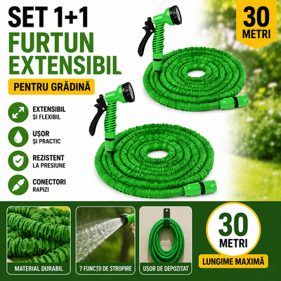 Set 1+1 Furtun Extensibil Gradina 30 Metri cu Accesoriu Multifunctional de Stropit – Furtun Elastic pentru Udat, Spalat si Irigat