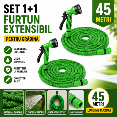 Set 1+1 Furtun Extensibil Gradina 45 Metri cu Accesoriu Multifunctional de Stropit – Furtun Elastic pentru Udat, Spalat si Irigat