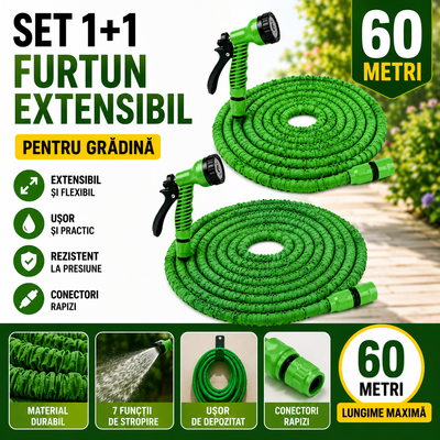 Set 1+1 Furtun Extensibil Gradina 60 Metri cu Accesoriu Multifunctional de Stropit – Furtun Elastic pentru Udat, Spalat si Irigat