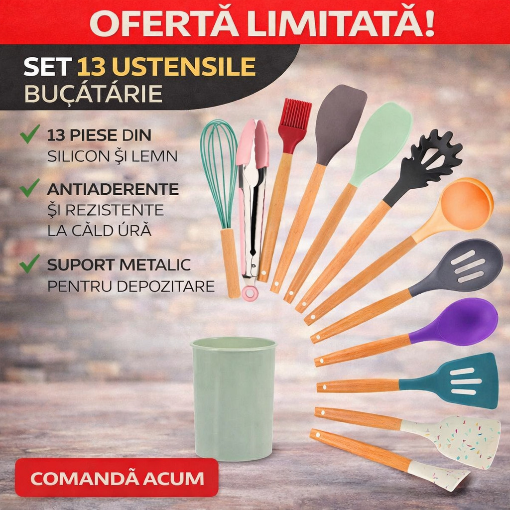 Set 13 ustensile de gatit din silicon, maner rezistent din bambus multicolore