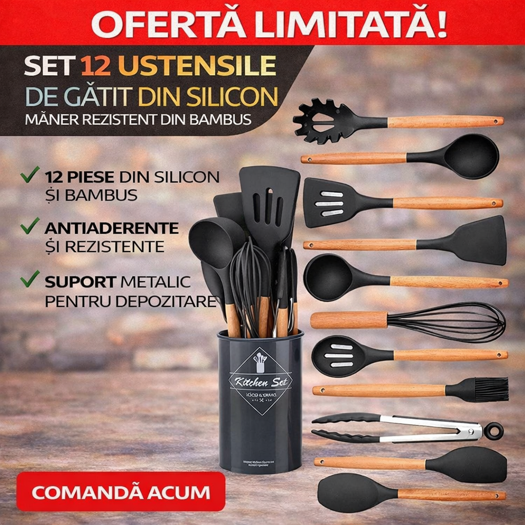 Set 12 ustensile de gatit din silicon, maner rezistent din bambus negre