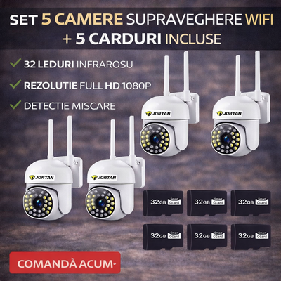Set of 5 x Jortan Video Surveillance Cameras, 32 LEDs, Rotatable, Infrared, Waterproof + 5 x 32GB cards
