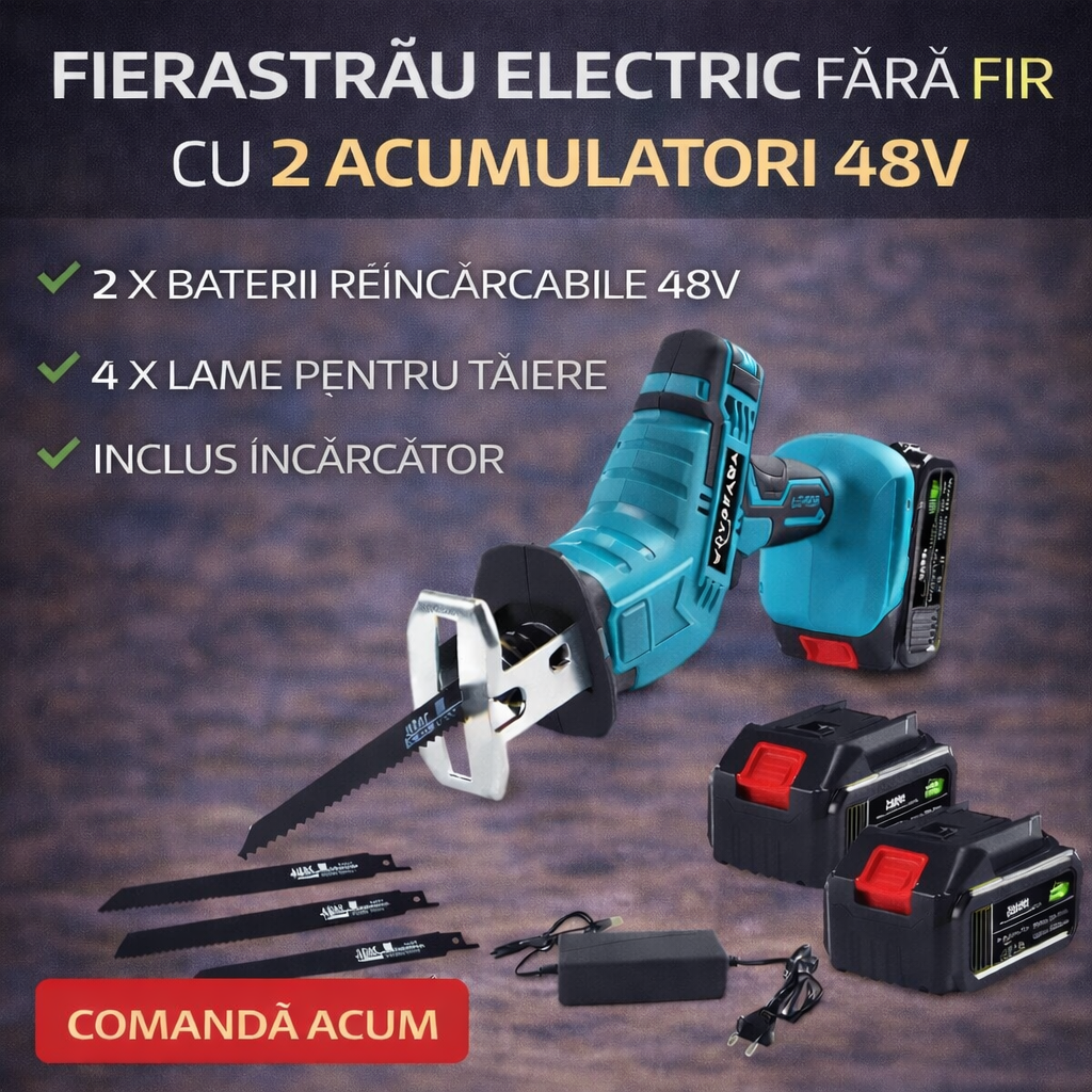 Fierastrau Electric fara Fir cu 2 Acumulatori 48V, 4 Lame Profesionale, Design Ergonomic, Portabil și Ușor de Utilizat