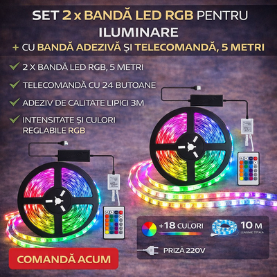 Set of 2 x RGB LED Strips for Lighting, With Adhesive Tape and Remote Control, 5 Meters