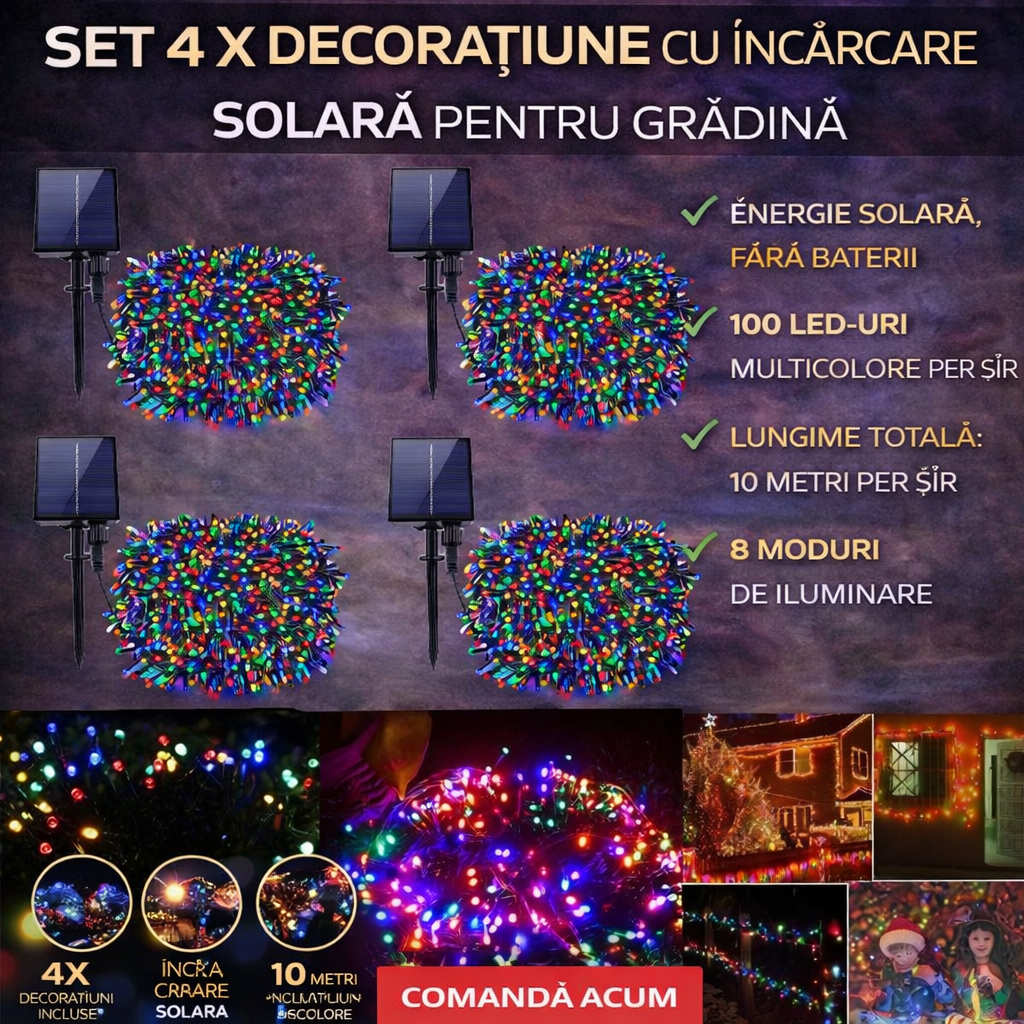 Set 4 x Decoratiune cu Incarcare Solara 100 LED, 10 Metri - Multicolor