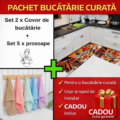 Pachetul bucatariei curate - Set 2 x Covor pentru Bucatarie + Set 5 x Prosop din Bumbac 100% pentru Bucatarie