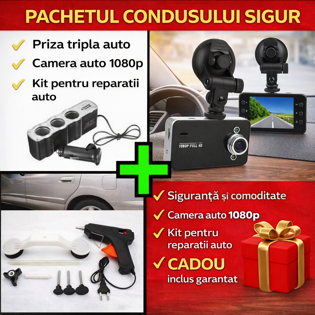 The Safe Driving Pack - HD 1080p DVR Car Camera with 2.4-inch display + Car Body Repair Kit (Pops-a-Dent) + Triple Car Socket with USB