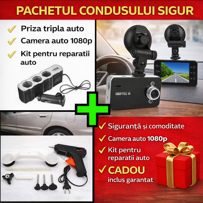 Pachetul condusului sigur -  Camera auto DVR HD 1080p cu display de 2.4 inch + Kit pentru repararea caroseriei auto (Pops-a-Dent) + Priza tripla cu USB pentru auto