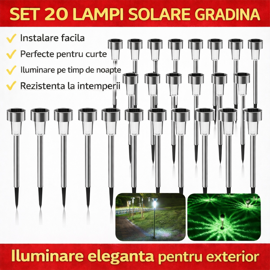 Set of 20 x Stainless Steel Solar Garden Lights, Spike Type