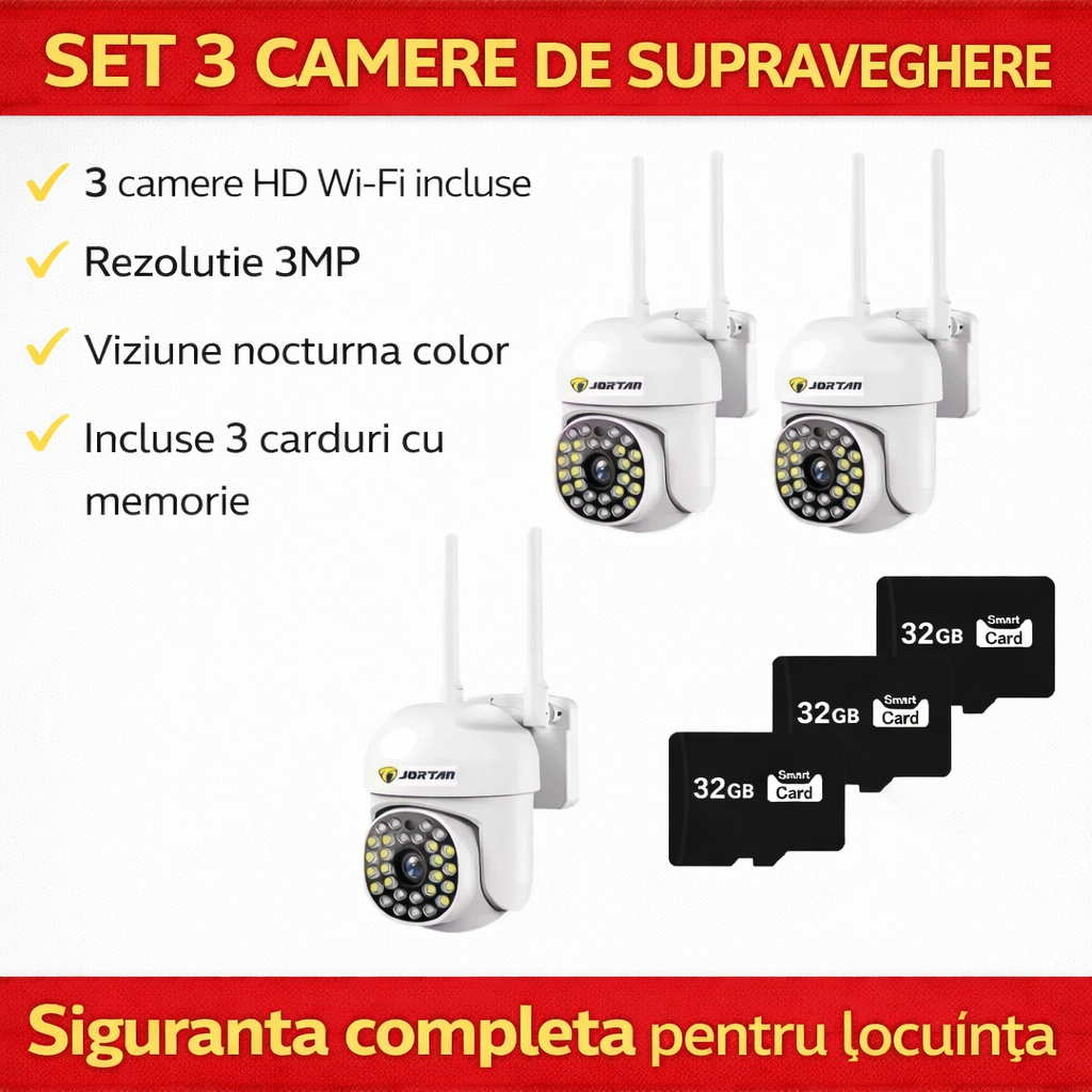 Set of 3 x Jortan Video Surveillance Cameras, 32 LEDs, Rotatable, Infrared, Waterproof + 3 x 32GB Cards