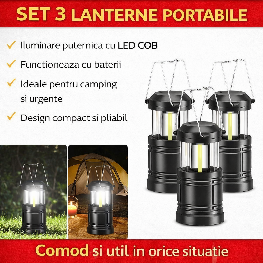 Set 3 x Lampa solara reincarcabila, camping Shenyu
