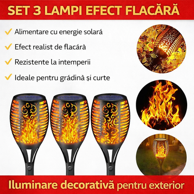 Set of 3 Solar Torch Lights with Flame Effect, 51.5 cm