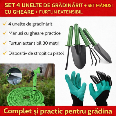 4 Gardening Tools Set + Clawed Gloves Set + 30-Meter Expandable Hose with Spray Gun
