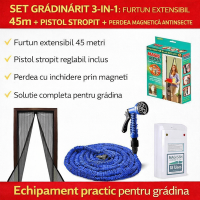 Set Gradinarit 3-in-1: Furtun Extensibil 45m + Pistol Stropire + Perdea Magnetica Antiinsecte