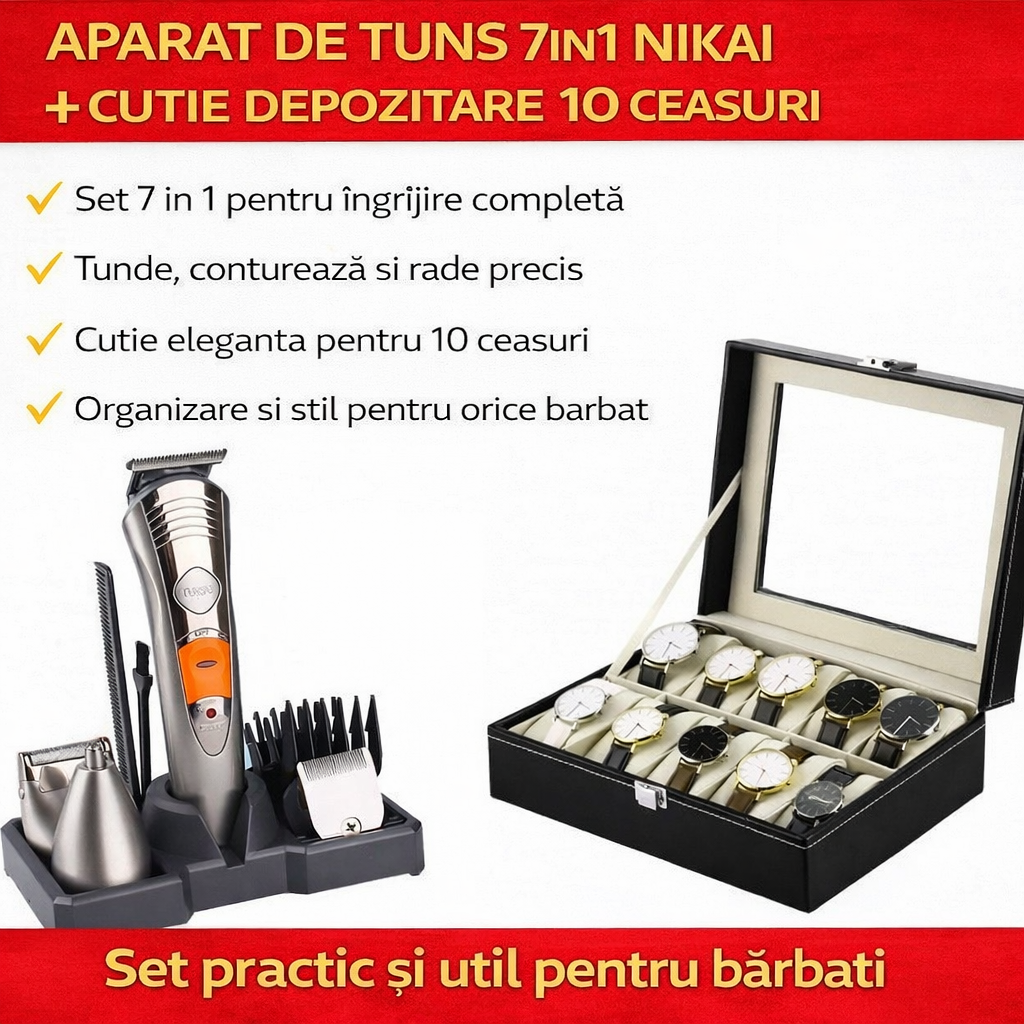 Aparat de tuns 7in1 Nikai + Cutie depozitare 10 ceasuri