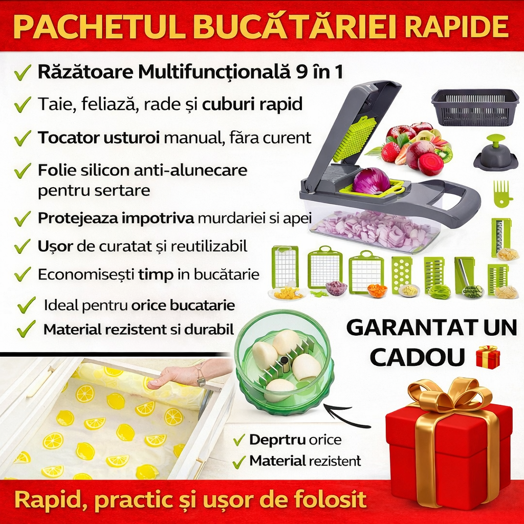 Quick Kitchen Pack - 9-in-1 Multifunctional Grater + Garlic Chopper + Silicone Drawer Liner
