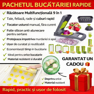 Pachetul bucatariei rapide - Razatoare Multifunctionala 9 in 1 + Tocator pentru Usturoi + Folie din Silicon pentru Protectie Sertare