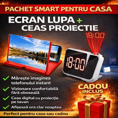 Pachetul ceasului modern - Ecran Lupa cu Efect 3D pentru Telefoanele Mobile + Ceas Digital Tip Oglinda cu Proiectie LED