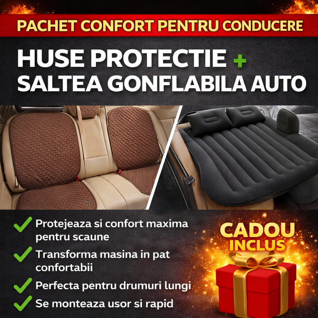 Car Comfort Package - Car Seat Protective Covers Set + Inflatable Car Air Couch Mattress + Automatic Pump