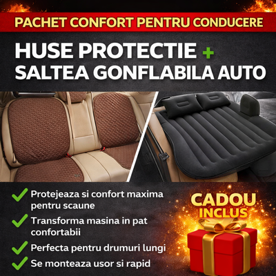 Pachetul confortului auto - Set Huse de Protectie pentru Scaunele Auto + Saltea Gonflabila Couch Air pentru Masina + Pompa Automata
