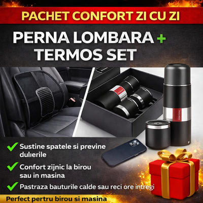 Pachetul confortului de zi cu zi  - Perna Lombara pentru Sustinere si Pozitionare Corecta + Termos 500 ml cu 3 Cesti din Otel Inoxidabil