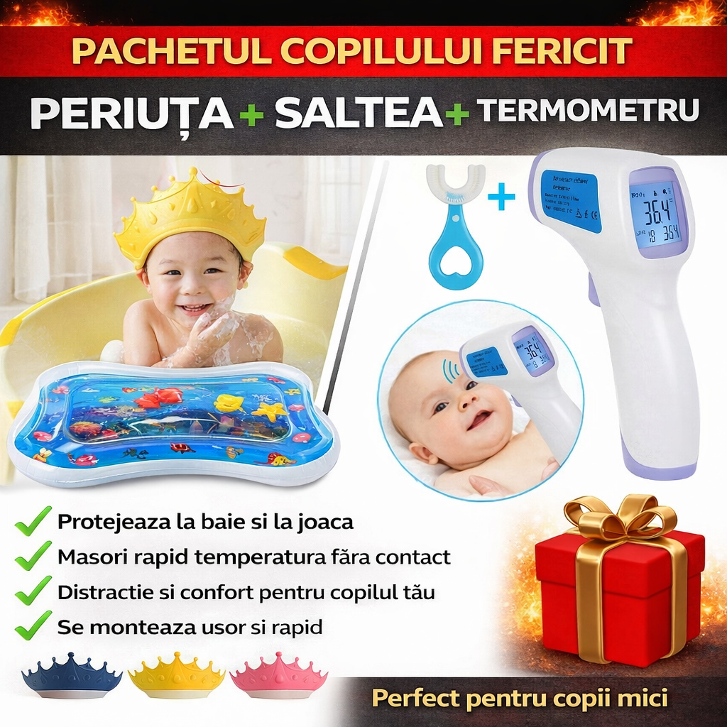 The Happy Child Package - Kids' Toothbrush + Shampoo Rinse Cup + Interactive Play Mat + Forehead Thermometer