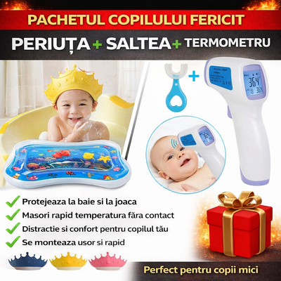 Pachetul copilului fericit - Periuta de Dinti pentru Copii + Aparatoare pentru Spalat pe Cap + Salteluta Interactiva + Termometru Frontal