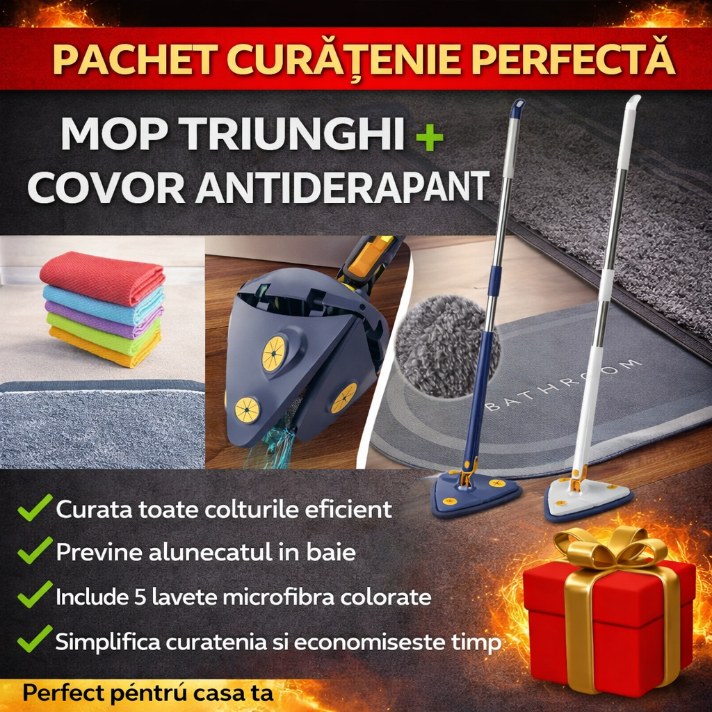 Pachetul curateniei perfecte - Mop Triunghiular Inovativ CleanMaster + Covor Antiderapant si Absorbant + Set 5 Lavete din Microfibra Absorbante