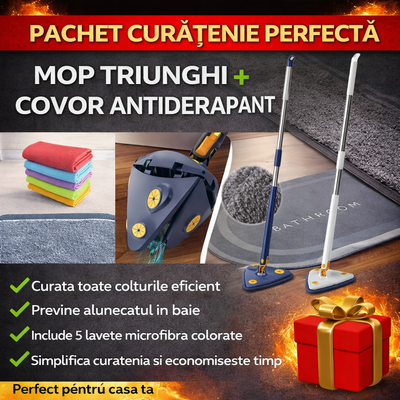 Pachetul curateniei perfecte - Mop Triunghiular Inovativ CleanMaster + Covor Antiderapant si Absorbant + Set 5 Lavete din Microfibra Absorbante
