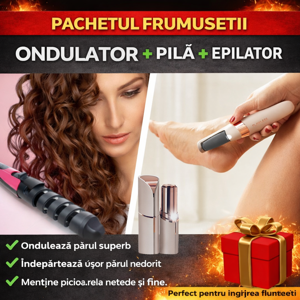 Pachetul frumusetii - Ondulator Electric Ceramic + Pila Electrica pentru Calcaie + Epilator Facial